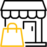 Black outlind of a shop front with a yellow outline of a shopping back in front of it.