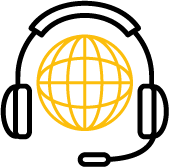 Black outline of headphones with a yellow circle