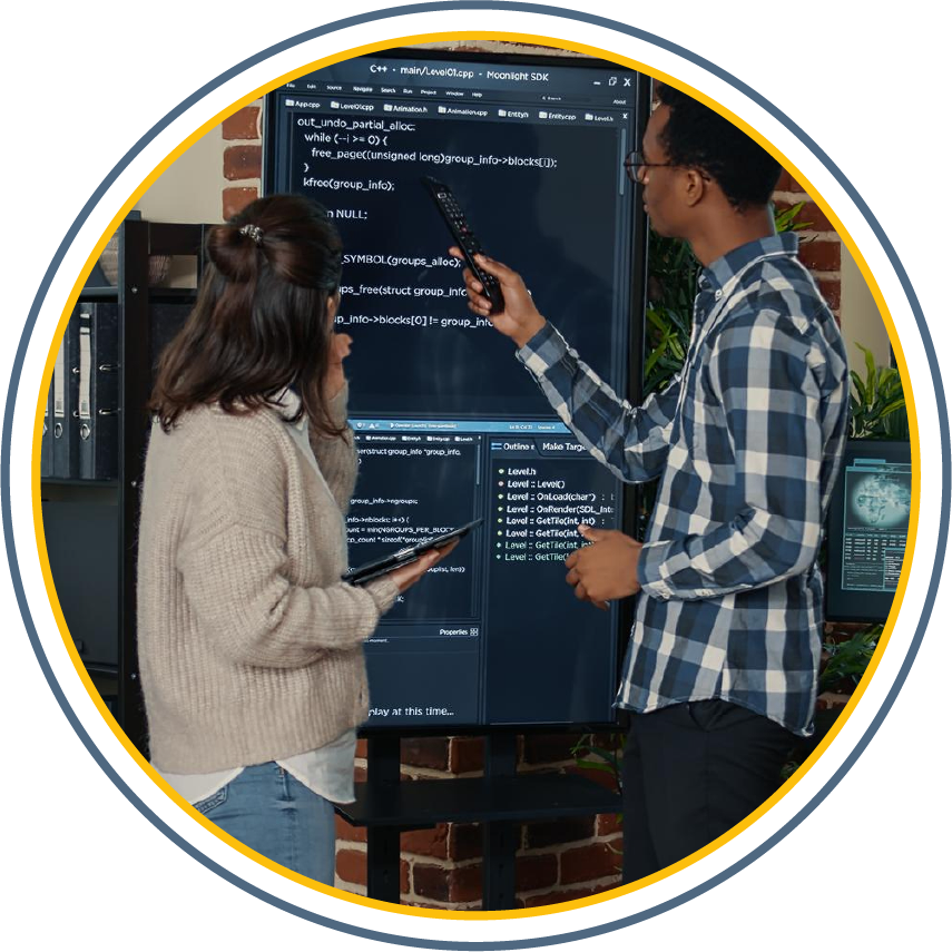 A diverse team collaborating on a project using laptops and tablets in a bright, modern office.