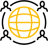 Yellow cirle with a black circle around it and four outlines of people